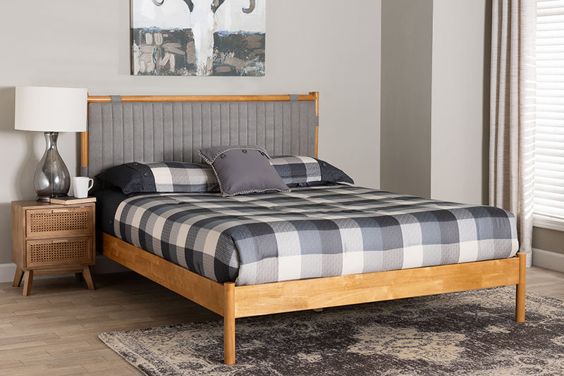 Lavinia Mid-Century Gray Fabric and Oak Brown Wood Queen Size Bed