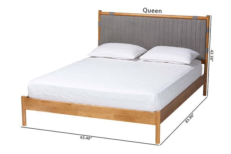 Lavinia Mid-Century Gray Fabric and Oak Brown Wood Queen Size Bed