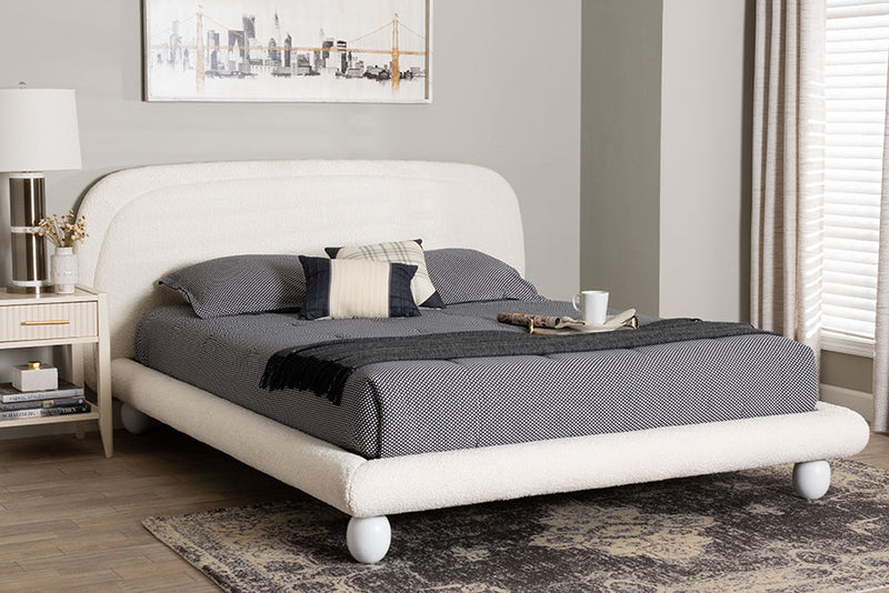 Patwin Modern Luxe Ivory Boucle Fabric Queen Size Bed Baxton