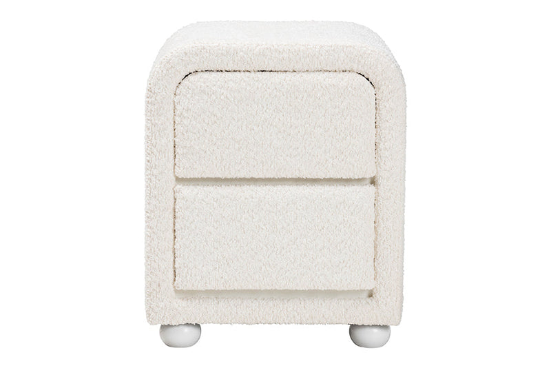 Cecilia Modern White Teddy-Bear Fabric and Rubberwood 2-Drawer Nightstand Baxton