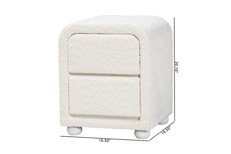 Cecilia Modern White Teddy-Bear Fabric and Rubberwood 2-Drawer Nightstand Baxton