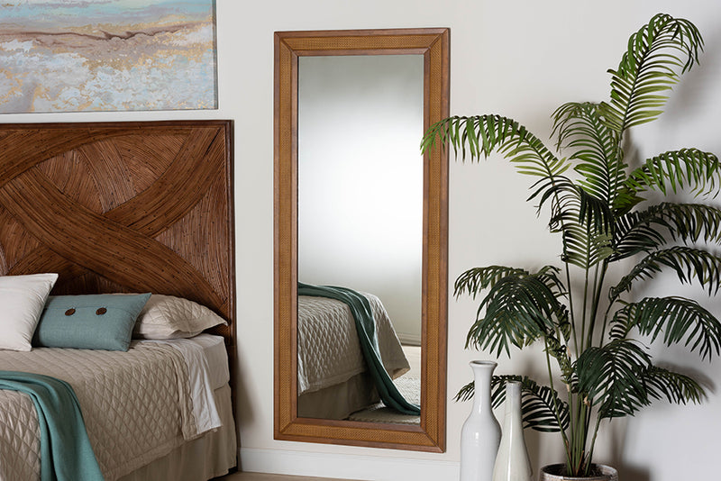 Fella Mid-Century Modern Walnut Brown Rubberwood and Rattan Frame Wall Mirror