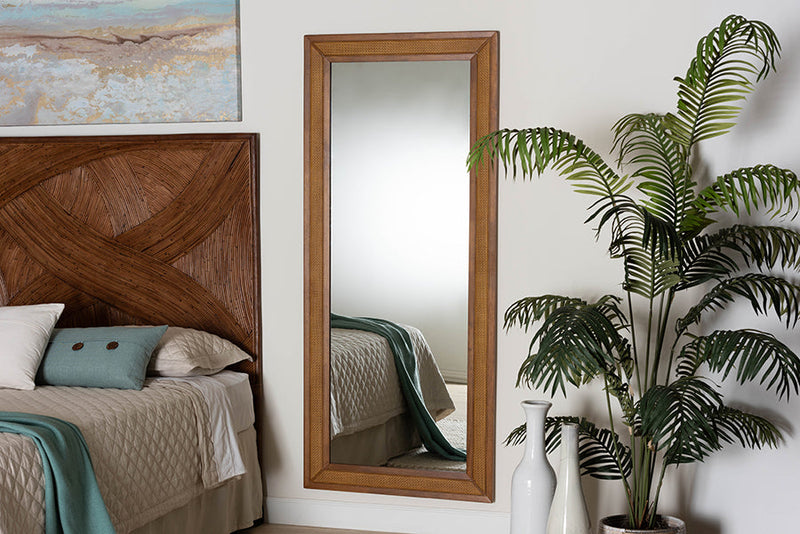 Fella Walnut Brown Rubberwood and Rattan Frame Wall Mirror Baxton