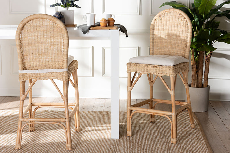 Valerie Bohemian Natural Rattan 2-Piece Bar Stool Set