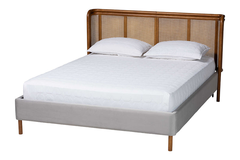 Carlotta Gray Velvet and Woven Rattan Wood Queen Size Bed Baxton