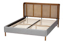 Carlotta Gray Velvet and Woven Rattan Wood Queen Size Bed Baxton