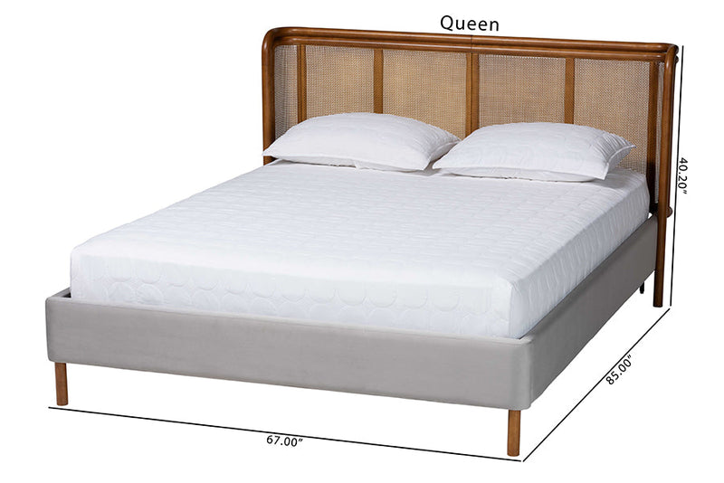 Carlotta Gray Velvet and Woven Rattan Wood Queen Size Bed Baxton