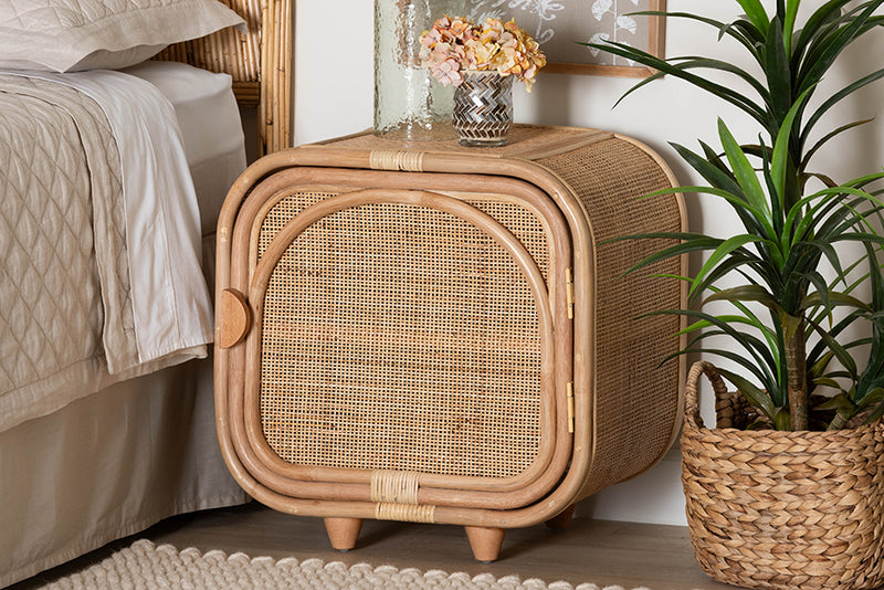 Cielo Bohemian Natural Rattan and Mahogany Wood Nightstand