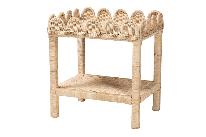 Madeline Bohemian Scallop Natural Rattan and Mahogany Side Table