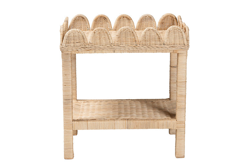 Madeline Bohemian Scallop Natural Rattan and Mahogany Side Table Baxton