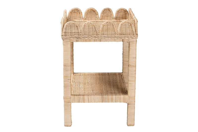 Madeline Bohemian Scallop Natural Rattan and Mahogany Side Table