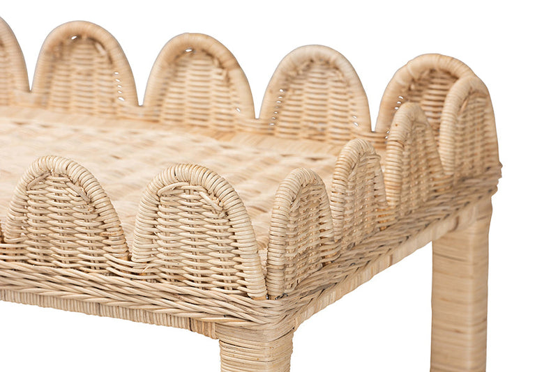 Madeline Bohemian Scallop Natural Rattan and Mahogany Side Table Baxton