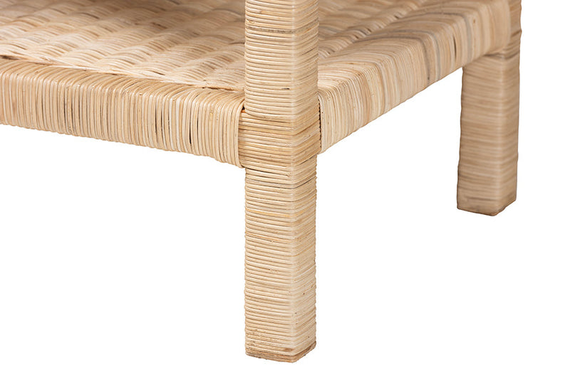 Madeline Bohemian Scallop Natural Rattan and Mahogany Side Table Baxton
