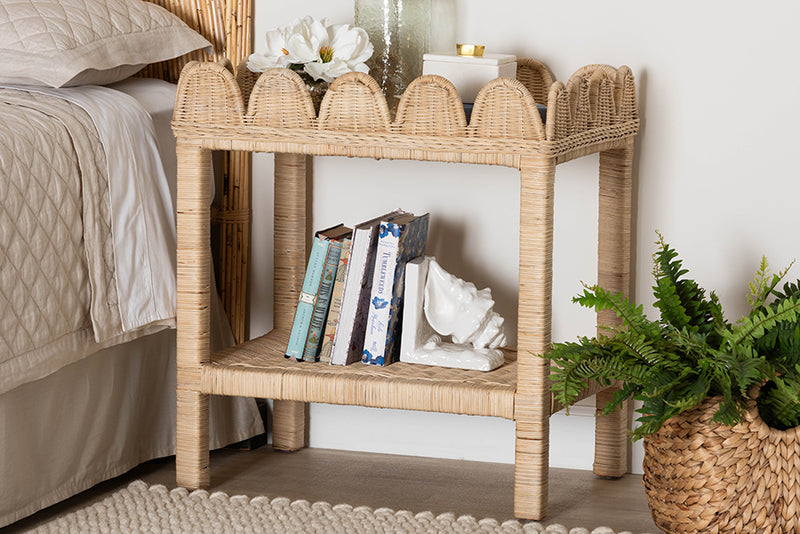 Madeline Bohemian Scallop Natural Rattan and Mahogany Side Table