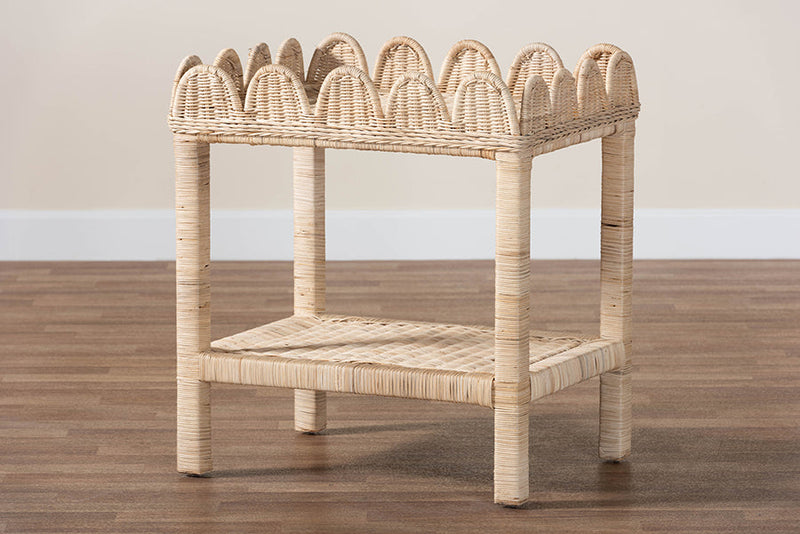 Madeline Bohemian Scallop Natural Rattan and Mahogany Side Table Baxton