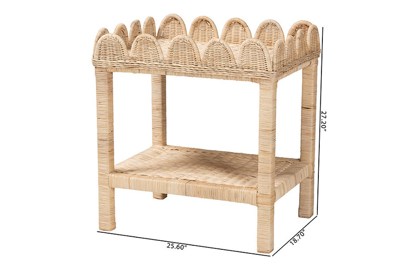 Madeline Bohemian Scallop Natural Rattan and Mahogany Side Table Baxton