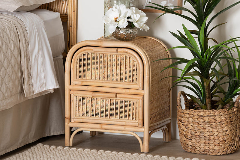 Teresa Bohemian Natural Rattan 2-Drawer Nightstand Baxton