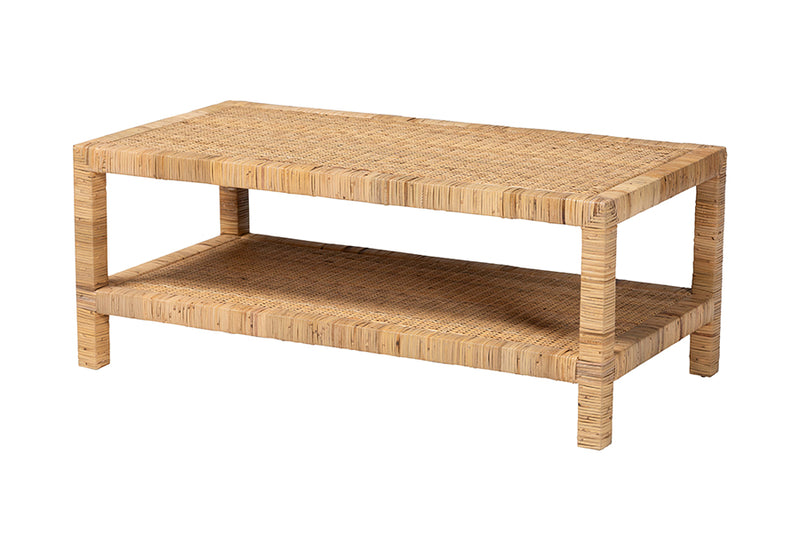 Giolla Bohemian Light Honey Rattan and Mahogany Wood Rectangle Coffee Table