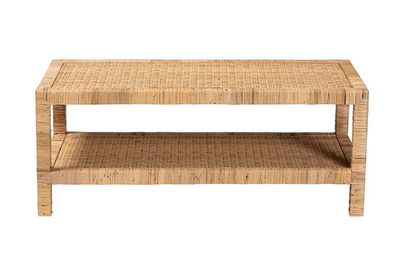 Giolla Bohemian Light Honey Rattan and Mahogany Wood Rectangle Coffee Table
