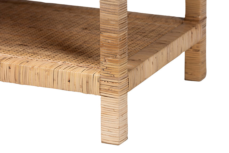 Giolla Bohemian Light Honey Rattan and Mahogany Wood Rectangle Coffee Table