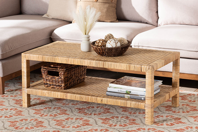 Giolla Bohemian Light Honey Rattan and Mahogany Wood Rectangle Coffee Table