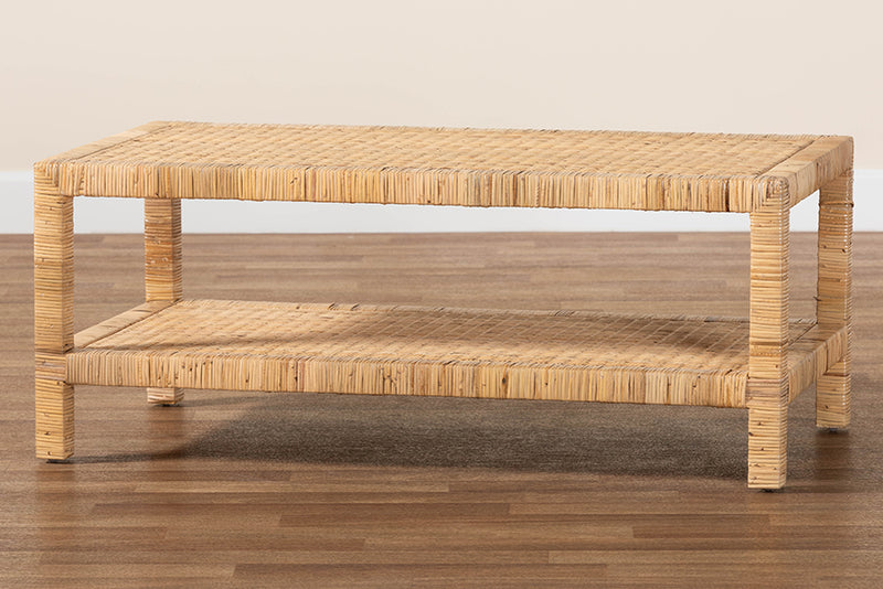 Giolla Bohemian Light Honey Rattan and Mahogany Wood Rectangle Coffee Table