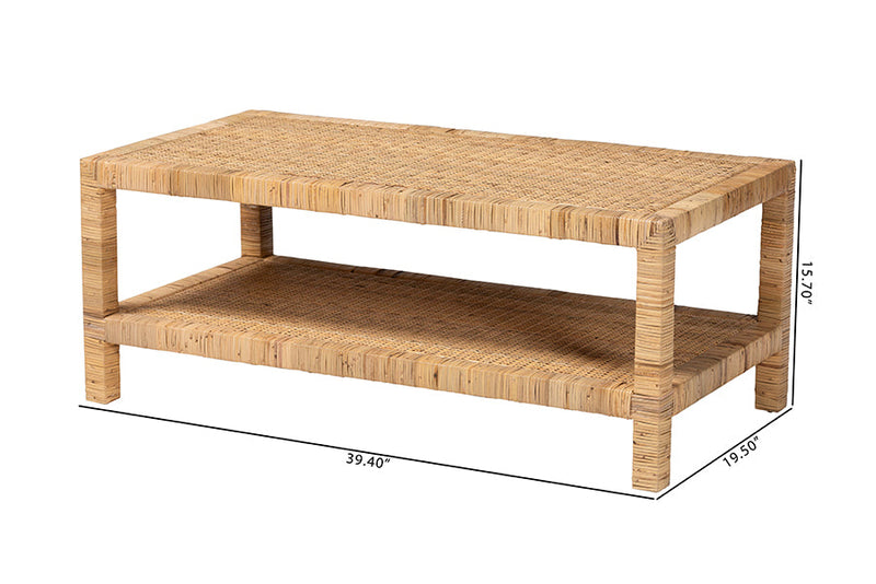 Giolla Bohemian Light Honey Rattan and Mahogany Wood Rectangle Coffee Table Baxton