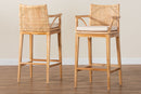 Miya Bohemian Natural Rattan and Teak Wood 2Pc Bar Stool Set Baxton