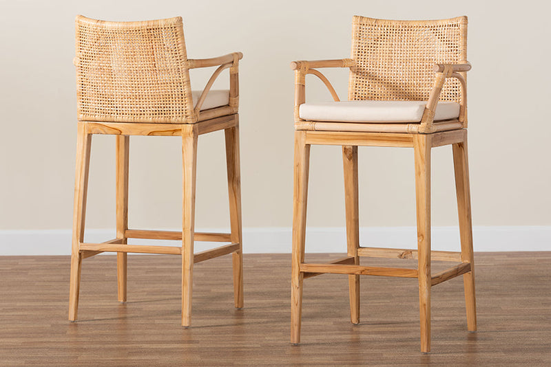 Miya Bohemian Natural Rattan and Teak Wood 2Pc Bar Stool Set Baxton