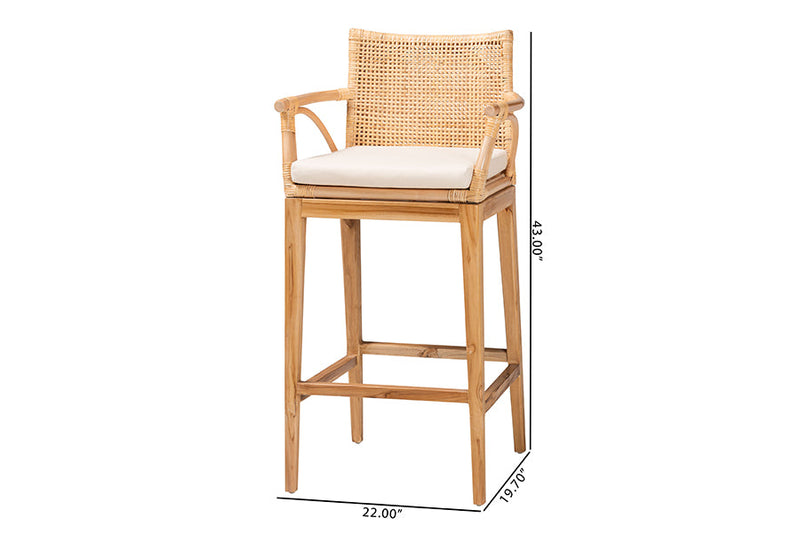 Miya Bohemian Natural Rattan and Teak Wood 2Pc Bar Stool Set Baxton