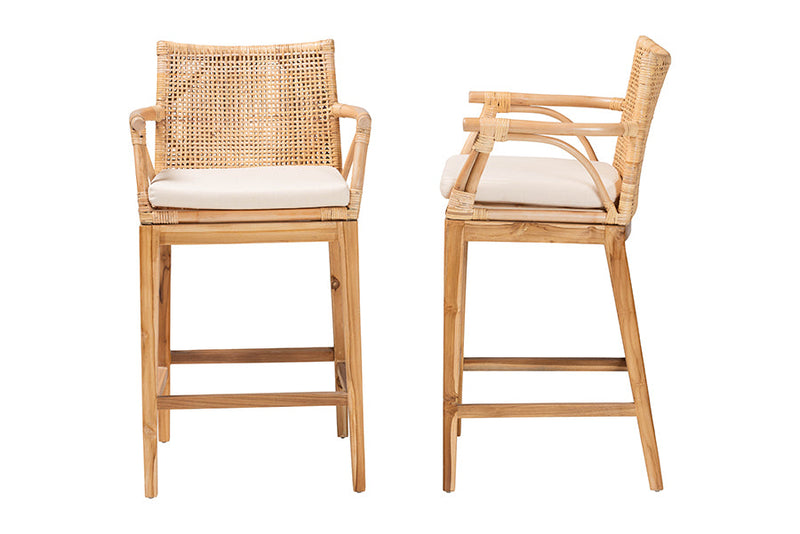 Miya Bohemian Natural Rattan and Teak Wood 2Pc Counter Stool Set Baxton