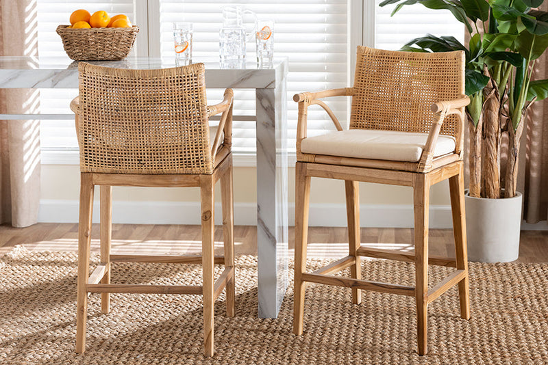 Miya Bohemian Natural Rattan and Teak Wood 2Pc Counter Stool Set Baxton
