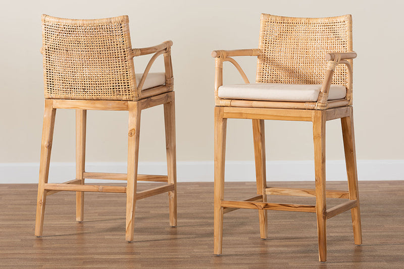 Miya Bohemian Natural Rattan and Teak Wood 2Pc Counter Stool Set Baxton