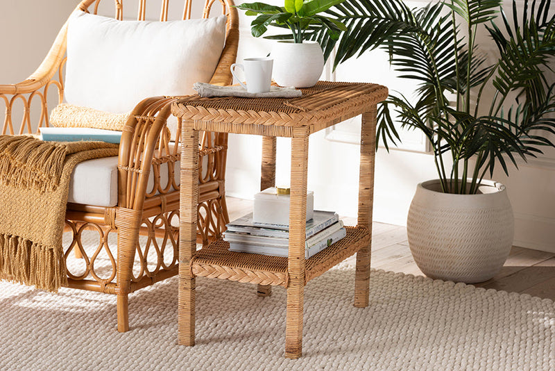 Samwell Bohemian Light Honey Braided Rattan Side Table Baxton