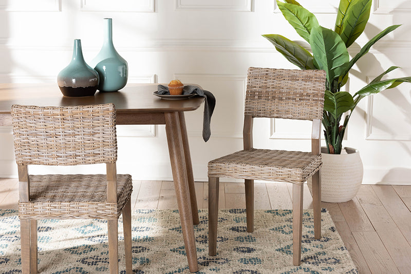 Gretchen Bohemian Gray Kubu Rattan and Mahogany Wood Dining Chair