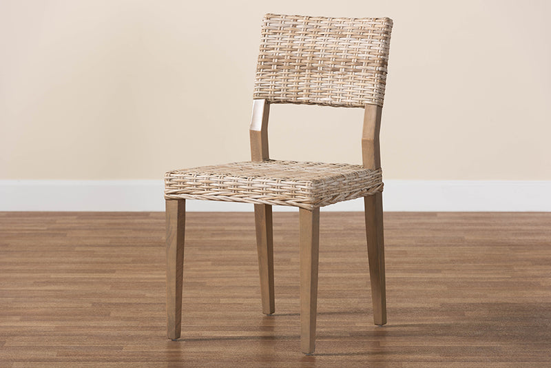 Gretchen Bohemian Gray Kubu Rattan and Mahogany Wood Dining Chair