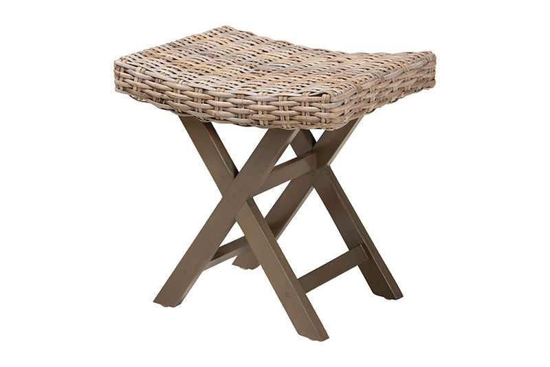 Tyler Bohemian Gray Kubu Rattan and Mahogany Wood Ottoman Footstool Baxton