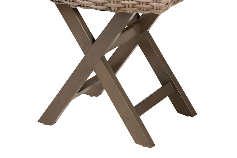 Tyler Bohemian Gray Kubu Rattan and Mahogany Wood Ottoman Footstool Baxton