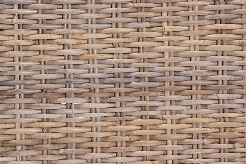 Tyler Bohemian Gray Kubu Rattan and Mahogany Wood Ottoman Footstool Baxton
