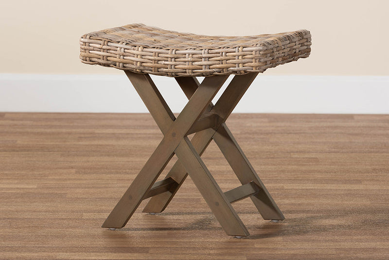Tyler Bohemian Gray Kubu Rattan and Mahogany Wood Ottoman Footstool Baxton
