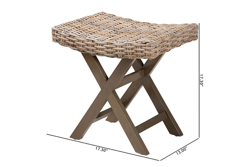 Tyler Bohemian Gray Kubu Rattan and Mahogany Wood Ottoman Footstool Baxton