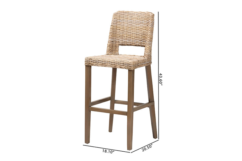 Mallory Modern Bohemian Gray Kubu Rattan and Mahogany Wood Bar Stool