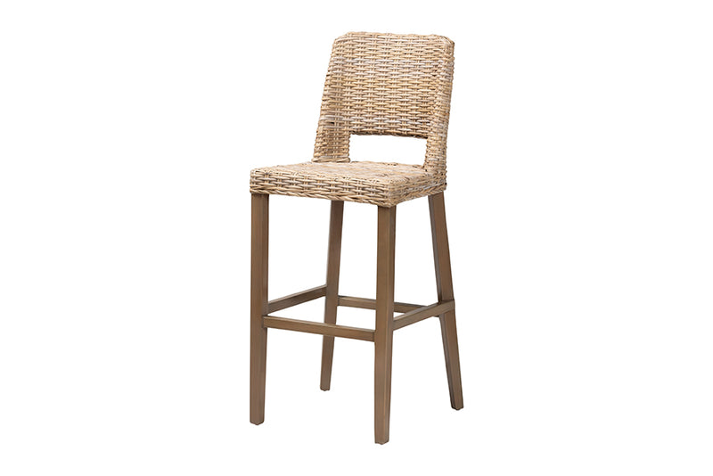 Mallory Modern Bohemian Gray Kubu Rattan and Mahogany Wood Bar Stool