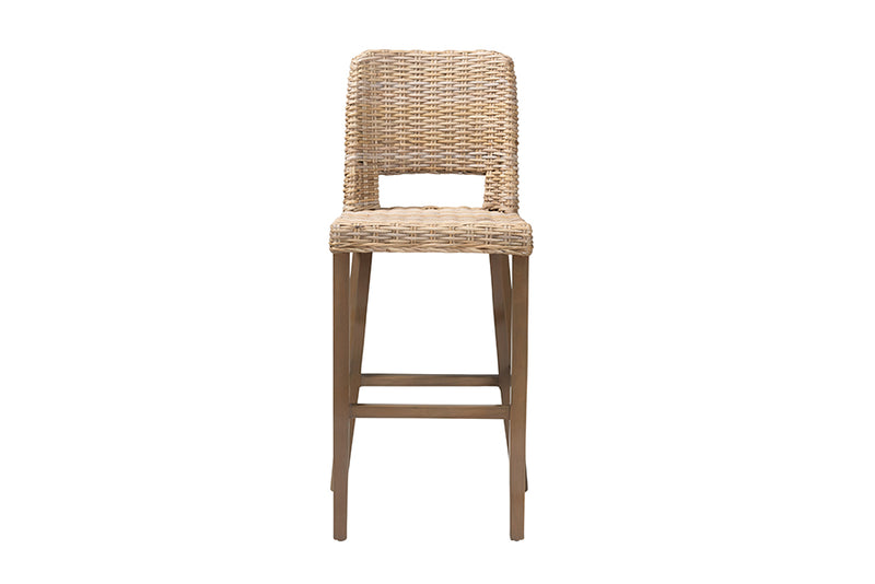 Mallory Modern Bohemian Gray Kubu Rattan and Mahogany Wood Bar Stool