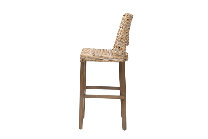 Mallory Modern Bohemian Gray Kubu Rattan and Mahogany Wood Bar Stool