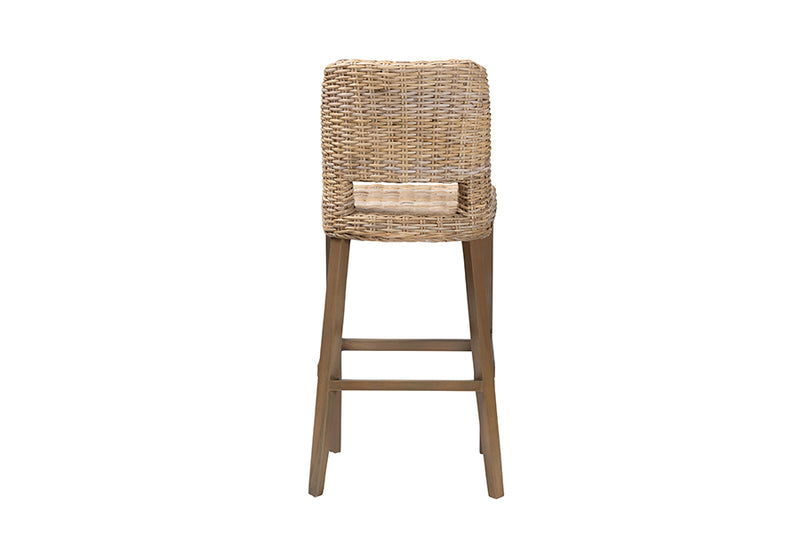 Mallory Modern Bohemian Gray Kubu Rattan and Mahogany Wood Bar Stool