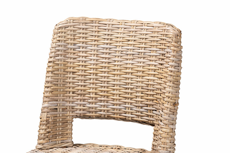 Mallory Modern Bohemian Gray Kubu Rattan and Mahogany Wood Bar Stool