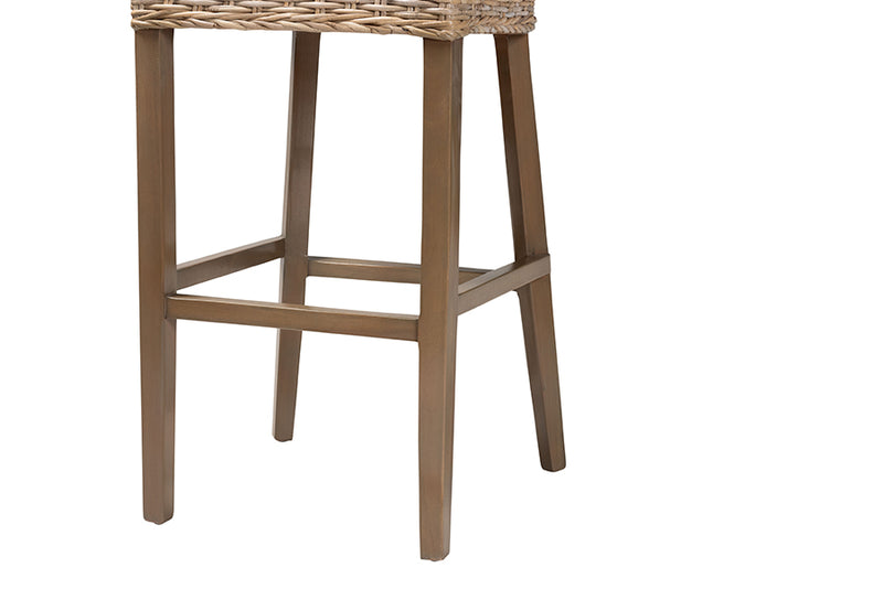 Mallory Modern Bohemian Gray Kubu Rattan and Mahogany Wood Bar Stool