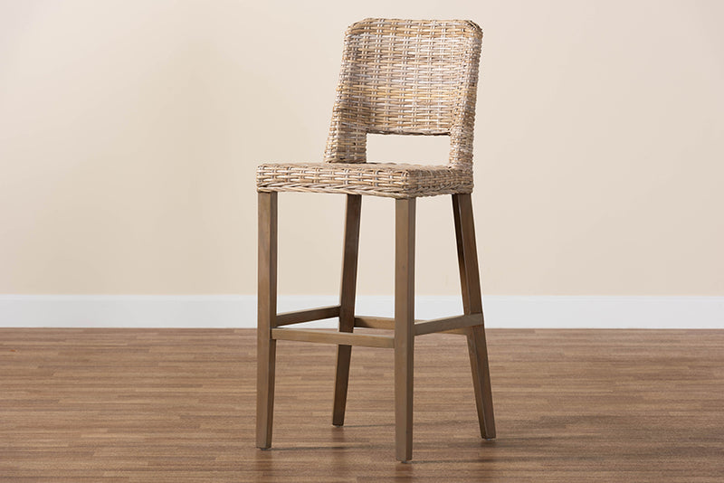 Mallory Modern Bohemian Gray Kubu Rattan and Mahogany Wood Bar Stool