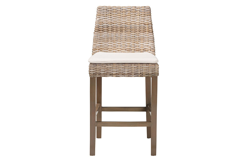 Mabelle Gray Kubu Rattan and Rustic Taupe Finished Mahogany Wood Counter Stool Baxton